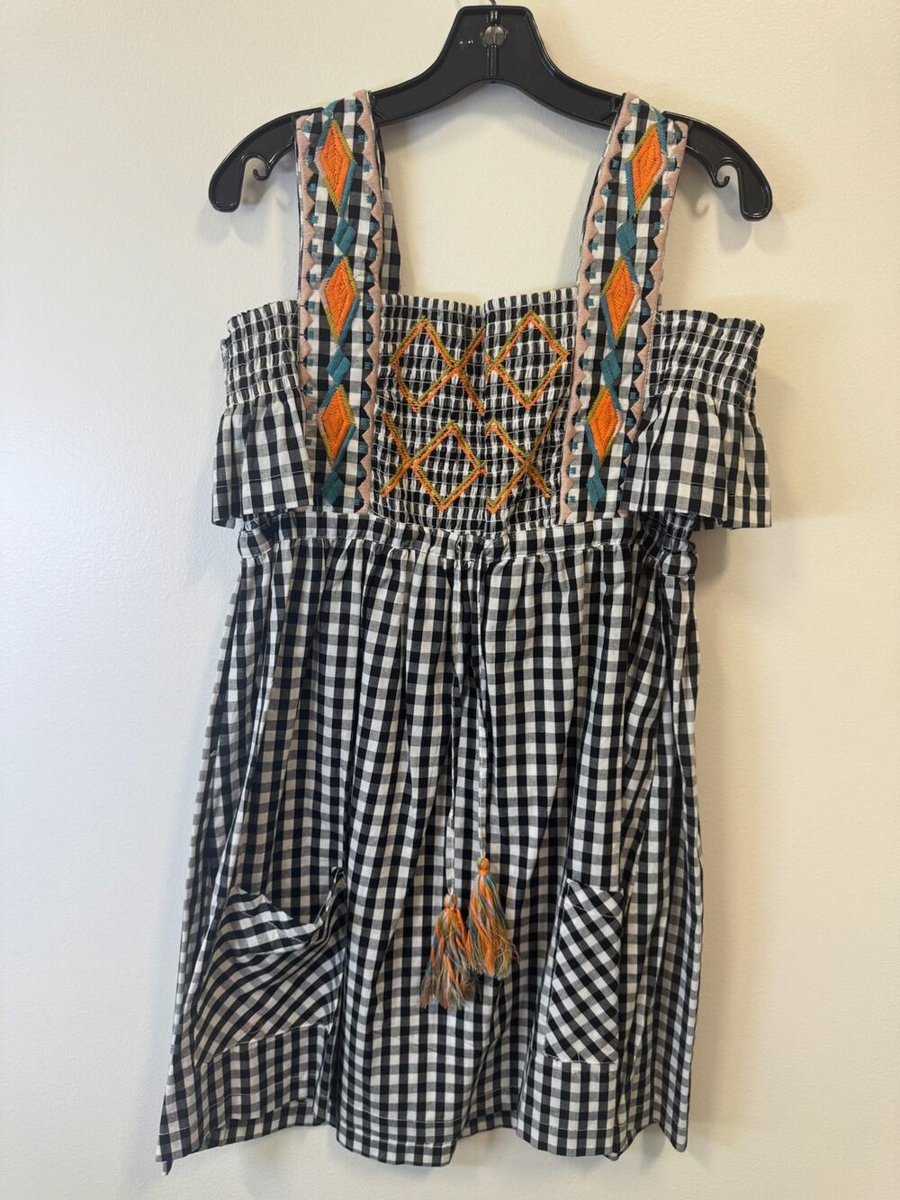 SAND & SPIRIT Black and White Gingham Dress Embroidery Cotton Sundress Size M